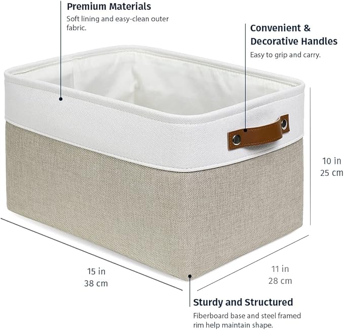 OrganiHaus 15x11in Canvas Storage Baskets 3 Pack | LARGE Fabric Bins for Shelves | Closet & Bedroom Storage | Beige/Off-White