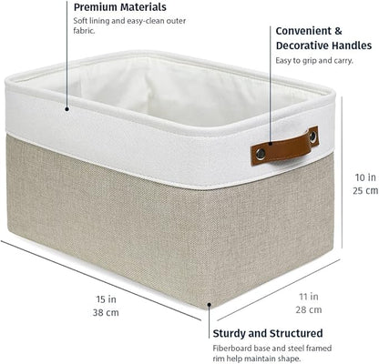 OrganiHaus 15x11in Canvas Storage Baskets 3 Pack | LARGE Fabric Bins for Shelves | Closet & Bedroom Storage | Beige/Off-White