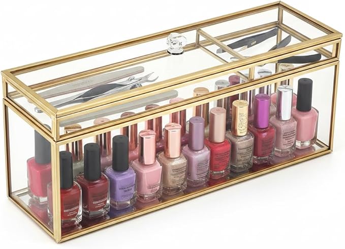 JUXYES Glass Nail Polish Set Storage Box with Tray and Lid, Double Tiers Personal Storage Box Organizer with Mirrored Bottom for Nail Polish Tweezer Manicure Tools Nail Art Accessories Tools Supplies