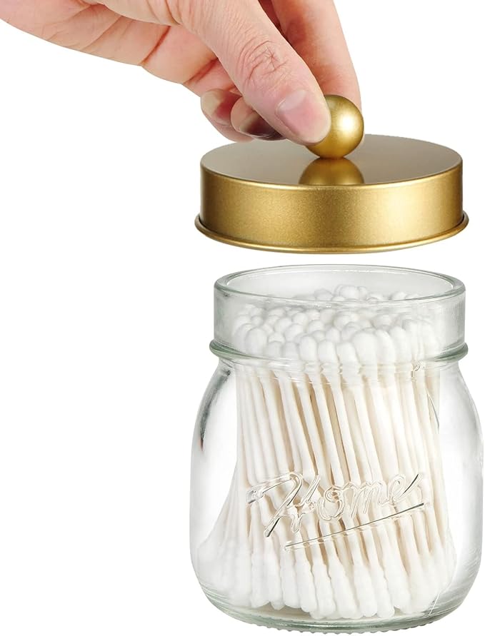 SheeChung Small Mason Jar, Glass Qtip Holder, Apothecary Jars with Lids, Bathroom Organizers and Storage, Bathroom Canister for Q-tips, Floss, Balls, Cotton Swabs, Farmhouse Decor-Brushed Gold