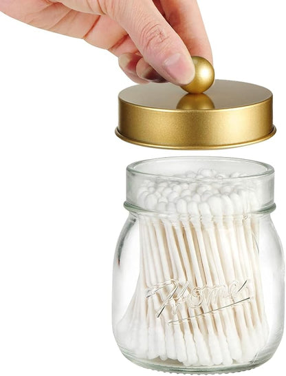 SheeChung Small Mason Jar, Glass Qtip Holder, Apothecary Jars with Lids, Bathroom Organizers and Storage, Bathroom Canister for Q-tips, Floss, Balls, Cotton Swabs, Farmhouse Decor-Brushed Gold