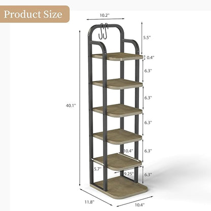 6 Tier Vertical Shoe Rack, Adjustable Shelves, Tall Wooden Narrow Shoe Rack with Hooks for Small Space Entryway Living Room