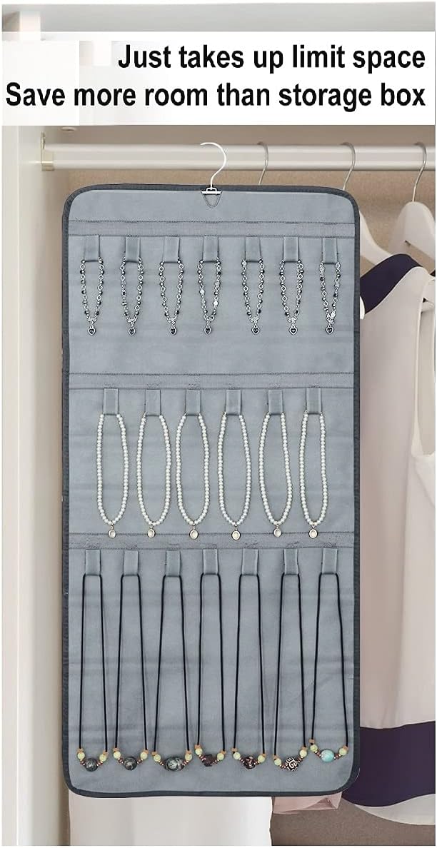 Dual-sided Hanging Jewelry Organizer with 40 Zippered Pockets and 20 Hook Loops Necklace Holder Jewelries Organizer for Earrings Bracelets Rings with 360 Degree Rotating Hanger (40 Zippered Pockets and 20 Hook Loops-Grey)