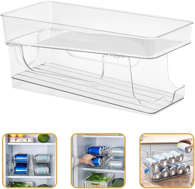 OSALADI Double-layer Soda Can Organizer Dispenser, Stackable Plastic Can Holder with Auto-rolling Function for Fridge and Home Kitchen Storage