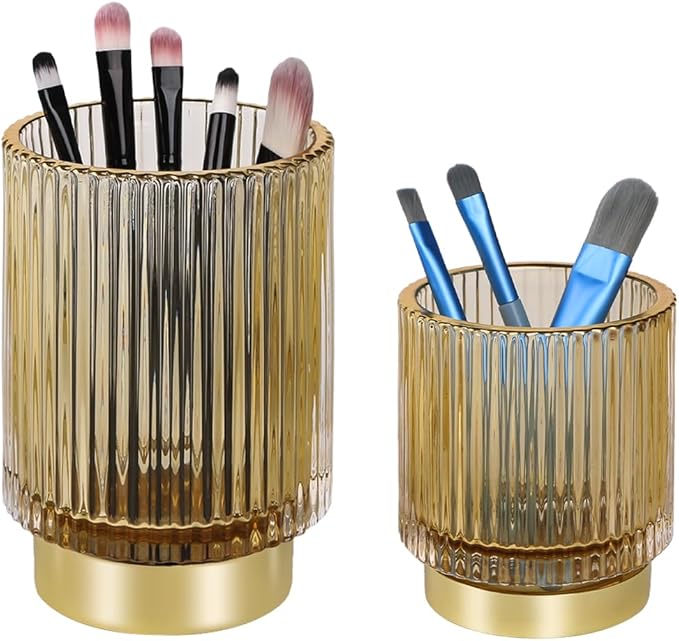 Glass Makeup Brush Holder,Gold Toothbrush Holders,Cute Make Up Brush Cup Holder,Vintage Vanity Makeup Organizer for Bathroom and Desktop (Amber)
