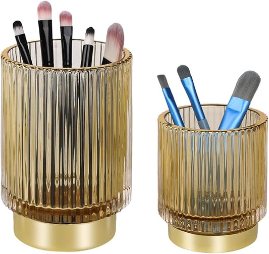 Glass Makeup Brush Holder,Gold Toothbrush Holders,Cute Make Up Brush Cup Holder,Vintage Vanity Makeup Organizer for Bathroom and Desktop (Amber)
