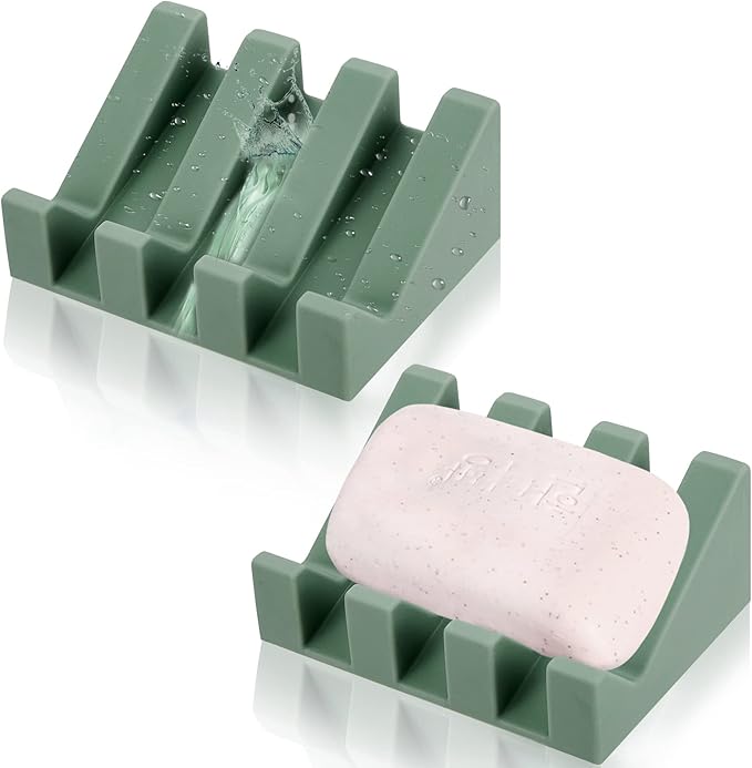 Cunhill 2 Pieces Silicone Soap Dish Self Draining Soap Dish Shower Waterfall Bar Soap Holder Tray with Drain Soap Saver for Kitchen Bathroom Accessories (Light Green)
