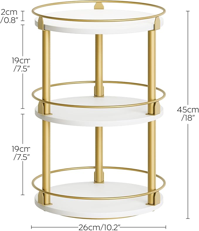 Yatiney 3-Tier Lazy Susan, Rotating Spice Rack, Spinning Organizer, Industrial Turntable Spice Rack for Cabinet, Kitchen Countertop, Pantry, White and Gold SR23DW