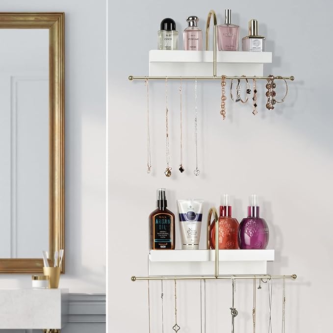 J JACKCUBE DESIGN Gold and White Wall Mounted Hanging Jewelry Organizer Holder Set of 2 for Necklaces, Rings, Bracelets and Earrings with White Display Shelf- MK692A