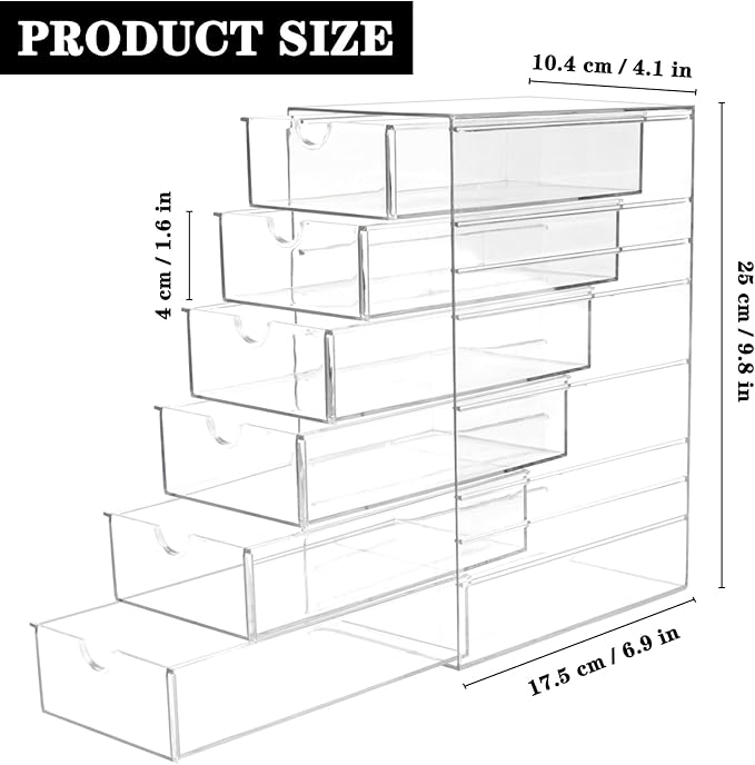 Clear Hair Accessories Organizer Box with 6 Layers, Acrylic Stackable Storage Drawers for Hair Ties, Claw Clips, Bow Holder for Girls, Vanity Makeup Organizer, Bathroom or Desk Countertop Container