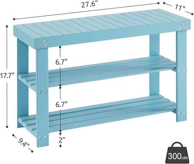 Apicizon Bamboo Shoe Rack for Entryway, 3-Tier Shoe Rack Bench for Front Indoor Entrance, Small Shoe Organizer with Storage, Blue