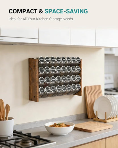 NESAPTO Spice Rack Organizer with 32 Glass Spice Jars, Wood 4-Tier Seasoning Organizer with Labels for Cabinet, Pantry, Countertop or Wall Mount, Chalk Marker and Funnel Set, 15.7" W × 9.4" H