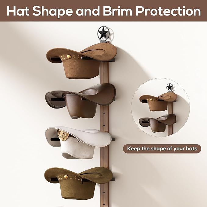 Cowboy Hat Rack for Wall – 3-Piece Western Hat Holder, Rustic Wooden & Metal Wall Mounted Cowboy Hat Organizer, Holds up to 6 Hats, Cowboy Room Decor & Storage Display Rack