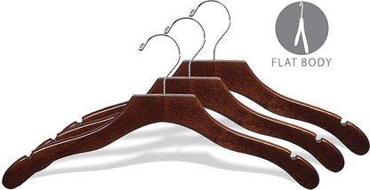 Wavy Wood Top Hanger, Box of 100 Space Saving 17 Inch Wooden Hangers w/Walnut Finish & Chrome Swivel Hook & Notches for Shirt Jacket or Dress