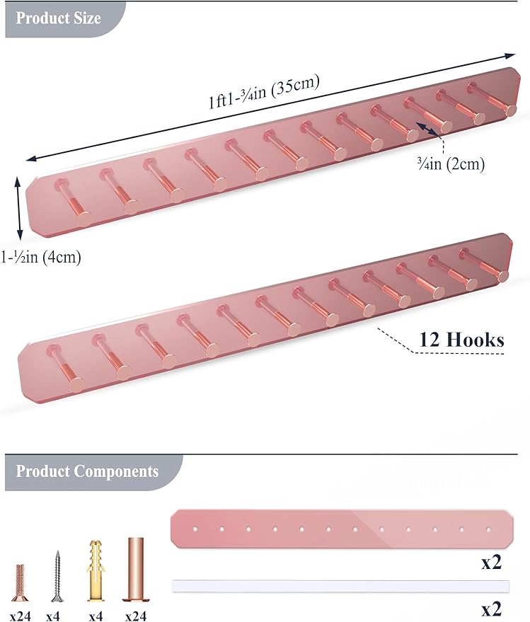 NiHome Wall Mount Acrylic Jewelry Organizer 2-Pack, Sleek Rack Strong Carbon Steel Hooks for Dressing Table, Bathroom, Kitchen, Hassle-Free Installation Dual Mounting Options (Rose Gold Mirror Finish)