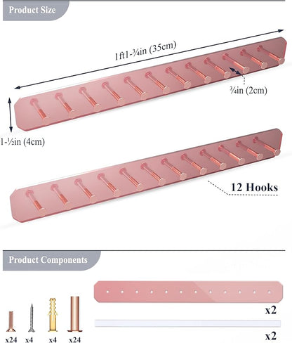 NiHome Wall Mount Acrylic Jewelry Organizer 2-Pack, Sleek Rack Strong Carbon Steel Hooks for Dressing Table, Bathroom, Kitchen, Hassle-Free Installation Dual Mounting Options (Rose Gold Mirror Finish)