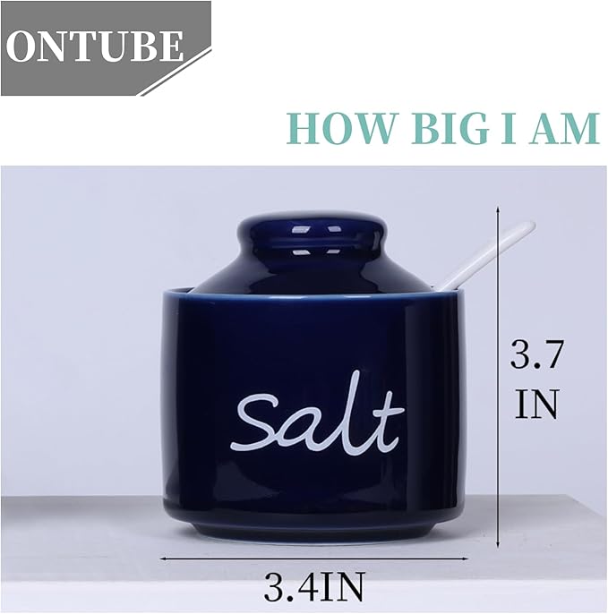 ONTUBE Farmhouse 8oz Salt Bowls with Lid and Spoon, Ceramics Condiment Pots, Seasoning Jar Spice Container for Kitchen, Dishwasher Safe (Navy)