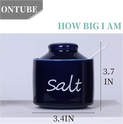 ONTUBE Farmhouse 8oz Salt Bowls with Lid and Spoon, Ceramics Condiment Pots, Seasoning Jar Spice Container for Kitchen, Dishwasher Safe (Navy)