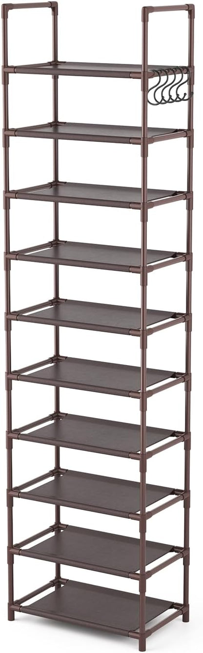 LANTEFUL 10 Tiers Tall Shoe Rack 20-25 Pairs Boots Organizer Storage Sturdy Narrow Shoe Shelf for Entryway, Closets with Hooks, Brown