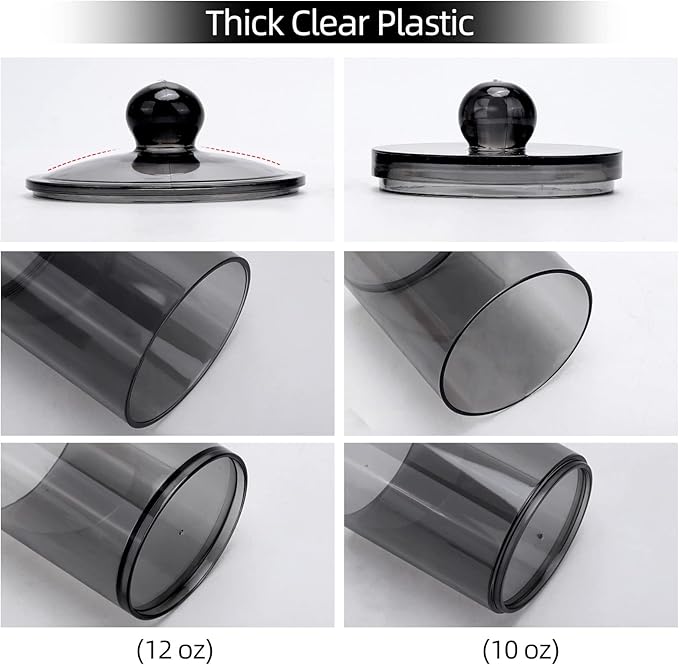 Tbestmax 4 Pack Qtip Holder 10-Ounce, 12-Ounce Bathroom Organizer Accessories Storage Containers Plastic Apothecary Jars with Lids for Cotton Ball, Cotton Swab, Floss, Black