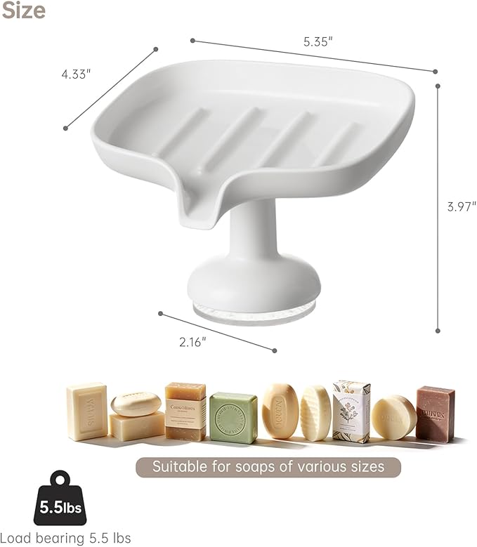 PAVSTINE Self-Draining Soap Dish with Suction Cup, Stand Bar Soap Holder, No Drill Removable Sponge Tray for Shower, Bathroom, Kitchen Sink, Easy to Clean & Keeps Dry, White