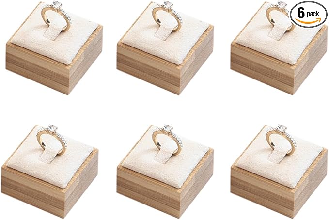Coward Bamboo 6 Pcs Rings Display Stand for Selling Velvet Jewelry Ring Holder Organizer for Drawer Storage (Beige Velvet)