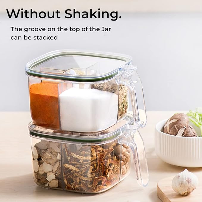 Clear Plastic Condiment Jars - 4 Compartment Set with Lid, Cover and Serving Spoons for Salt, Pepper, Powder