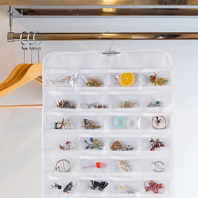 Bloss Hanging Jewelry Organizer, Double Sided 80 Pockets Jewelry Chain Storage Bag 2 Layer of Fabric Jewelry Organizer Holder for Necklace Bracelet Earring Rings - White