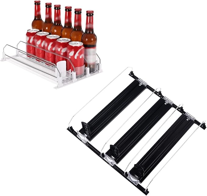Adjustable Refrigerator Drink Organizer, Self Sliding Drink Can Dispenser, Solution for Garage Cooler (Black)