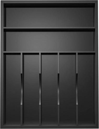 Utensil Organizer Silverware Drawer Organizer - 7 Slots Bamboo Silverware Tray For Kitchen Cutlery Office Supplies Makeup Desk Storage Garage Tool Organization W13”x L17” (Black)