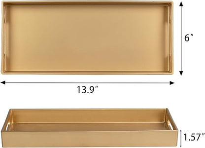 MAONAME Gold Vanity Tray, Plastic Decorative Tray, Rectangular Trays with Handles, Narrow Bathroom Trays for Toilet Tank, 13.8" X 6" X 1.57"