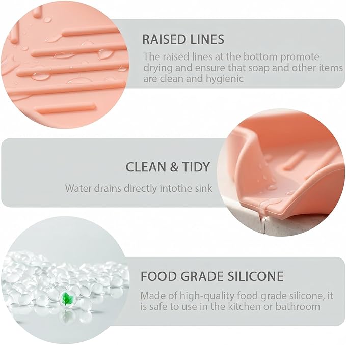 MicoYang Silicone Bathroom Soap Dishes with Drain Spout-Bathroom and Kitchen Sink Organizer,Sponge Holder,Dish Soap Tray,Perfect for Dispenser,Scrubber,Bottle,Cup on Sink or Counter-Pink 4.9"×3.2"