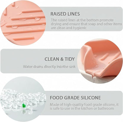 MicoYang Silicone Bathroom Soap Dishes with Drain Spout-Bathroom and Kitchen Sink Organizer,Sponge Holder,Dish Soap Tray,Perfect for Dispenser,Scrubber,Bottle,Cup on Sink or Counter-Pink 4.9"×3.2"