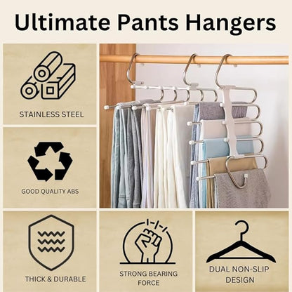 Set of Four - 5-Layer Stainless Steel Metal Pants Hangers | Space-Saving Hanger Rack for Men & Women | Folding Clothes Hangers | Multi-Purpose Organizer for Pants, Scarves, Jeans