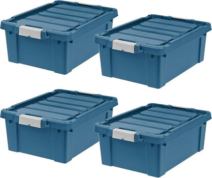 IRIS USA 12 Gallon Eco-Friendly Lockable Storage Bins with Lids, 4 Pack - Made in USA, Heavy Duty, Stackable Containers, Garage Organizing Bins Moving Tubs, Rugged Sturdy Equipment Utility Box - Navy
