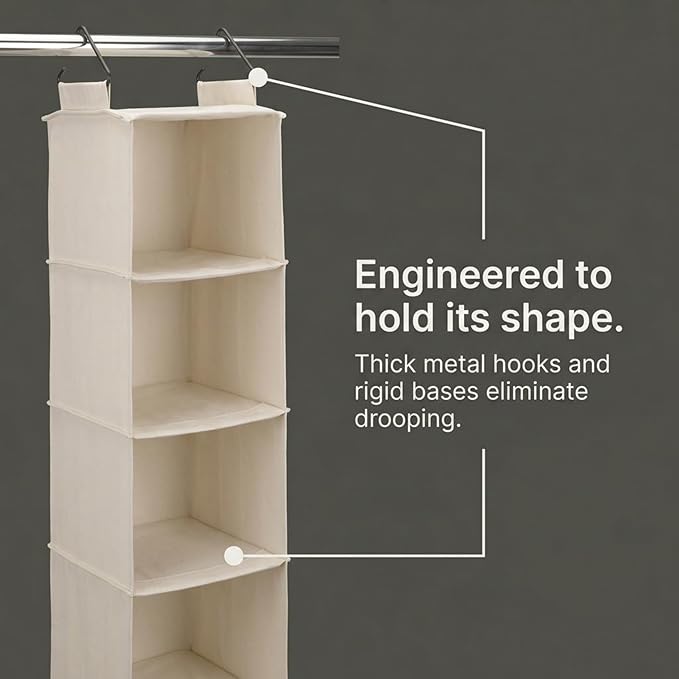 Household Essentials Cedarline 6-Shelf Hanging Closet Organizer, Heavy-Duty Cotton Canvas, Breathable, Versatile, Compact, Perfect for Rod or Wire Closets, Natural