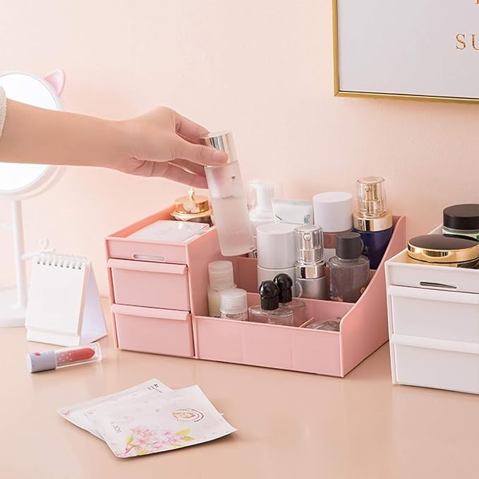 Makeup Organizer for Vanity— Bathroom Countertop Cosmetics Organizer with Drawers for Lipstick, Brushes, Lotions, Eyeshadow, Nail Polish and Jewelry (Pink)