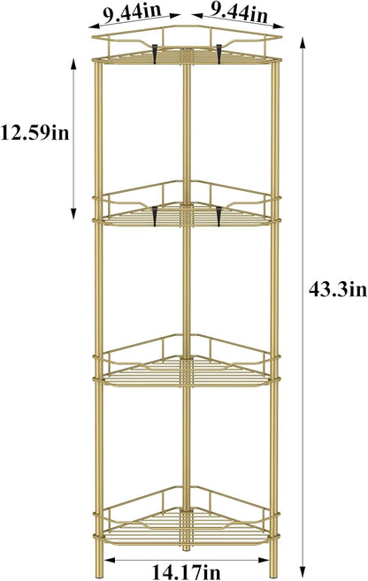 HuggieGems 4 Tier Floor Standing Corner Shower Caddy Organizer Shelf with Hooks, Bathroom Shelves Stand Rack, Gold