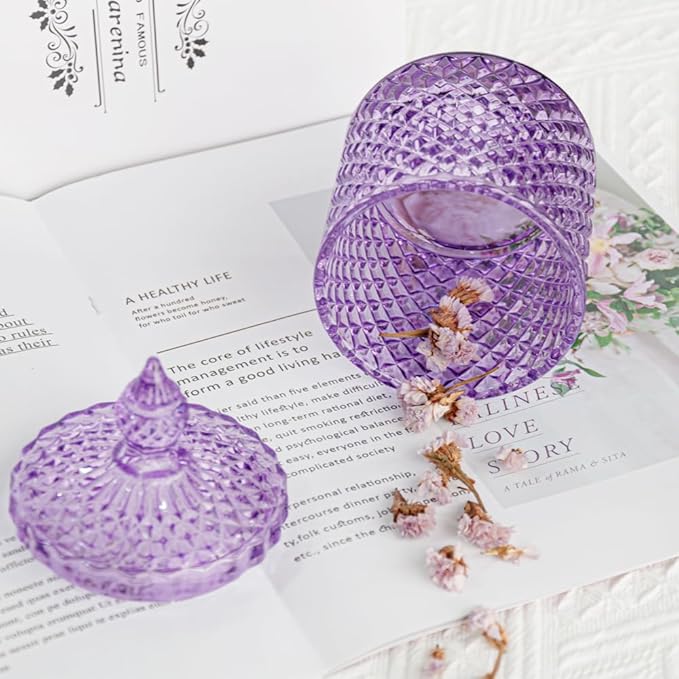 R FLORY 2 Pack Qtip Holder Glass Apothecary Jars with Lids Bathroom Storage Organizer for Cotton Swabs, Balls, Pads, Floss Picks, Vanity Storage Containers for Makeup, Candy, Jewelry (10+24oz, Purple)