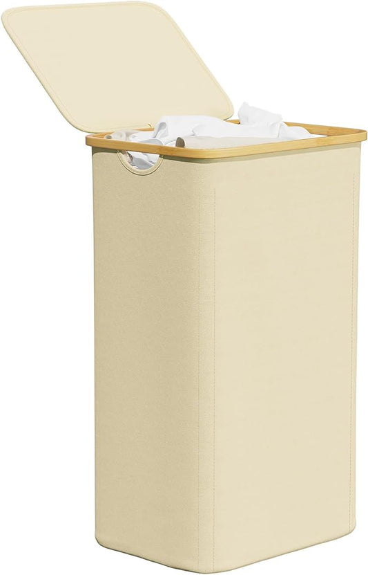 SpaceAid Laundry Hamper with Lid, 110L Large Tall Clothes Basket Bin with Bamboo Handles, Collapsible Laundry Hamper for Bedroom, Bathroom, Dorm, Laundry Room - Beige