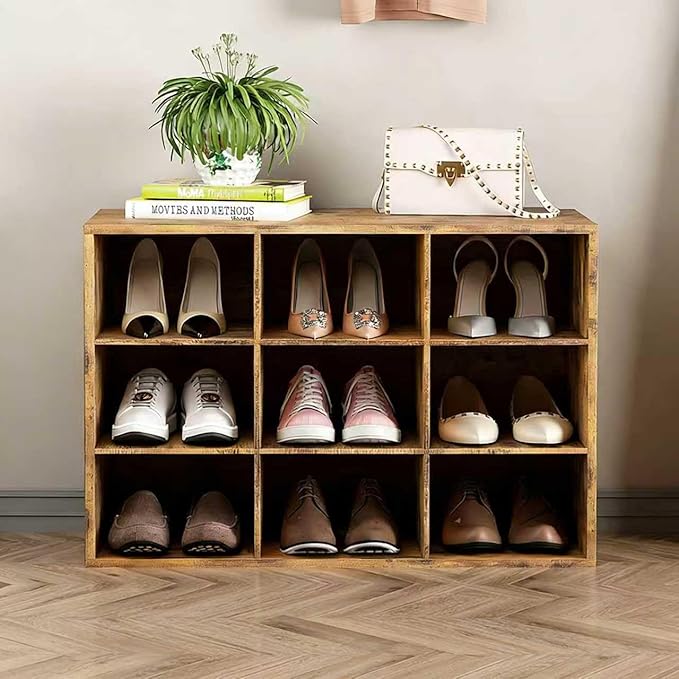 Aenuert 9-Cubby Shoe Rack, 3-Tier Wood Shoe Organizer, Multifunctional Shoe Organizer Bench for Entryway, Mudroom, Hallway, Closet,27.5 * 11.81 * 17.72 Inch,Brown