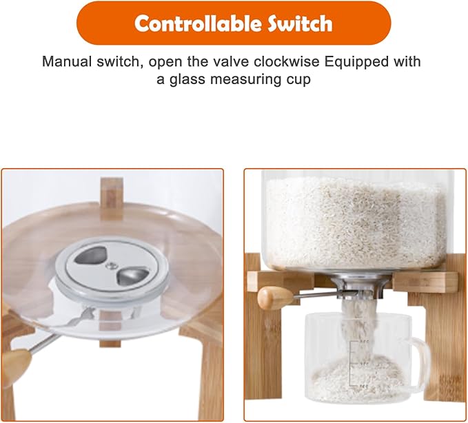 7.5L Rice Dispenser, Flour and Cereal Container, Glass Food Storge Container with Airtight Lid and Wooden Stand for Rice, Beans, Ground Coffee (7.5L)