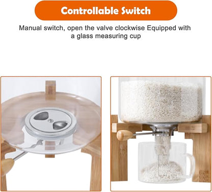 7.5L Rice Dispenser, Flour and Cereal Container, Glass Food Storge Container with Airtight Lid and Wooden Stand for Rice, Beans, Ground Coffee (7.5L)