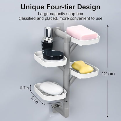 Soap Holder Four Layer Wall Mounted NO-Drilling Rotatable Self-draining Removable Soap Dish for Shower Bathroom Tray,Self Draining Sponge Holder,Razor Holder (White/Gray)