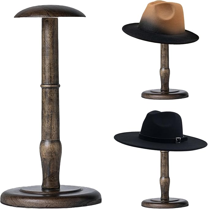 CHADWICK Vintage Style Hat Rack Stand, Rustic Brown Hat Display Stand Wood, Hat Rack Tabletop Cap Organizer and Display Rack, Wig Holder Cowboy Hat Rack Hat Organizer for Closet, Home Decor