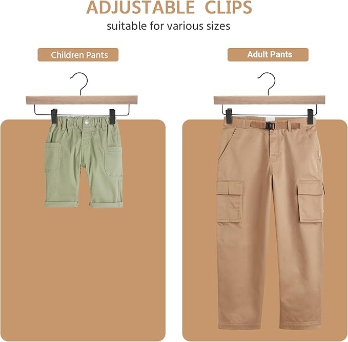 Nature Smile Deluxe Wooden Pants Hangers,Solid Rubber Wood Jeans Skirt Hanger Without Painting,with Adjustable Black Clips and Rotatable Hook,Pack of 20(Natural Unvarnished)