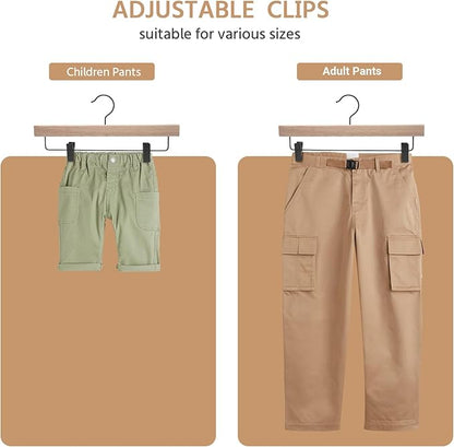 Nature Smile Deluxe Wooden Pants Hangers,Solid Rubber Wood Jeans Skirt Hanger Without Painting,with Adjustable Black Clips and Rotatable Hook,Pack of 20(Natural Unvarnished)