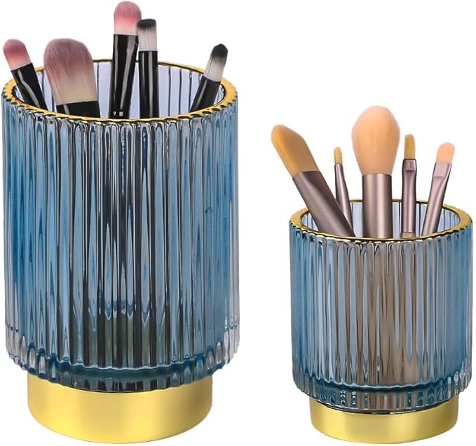 Glass Makeup Brush Holder,Gold Toothbrush Holders,Cute Make Up Brush Cup Holder,Vintage Vanity Makeup Organizer for Bathroom and Desktop (Blue)