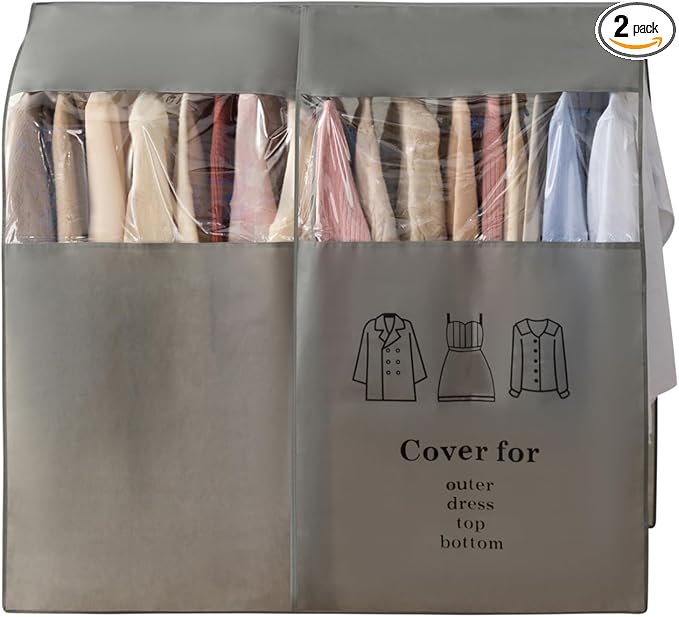 Non woven clothing cover with transparent window, suitable for hanging clothing storage protectors for dresses, tops, and outerwear (Grey, 34inch*2Pack)