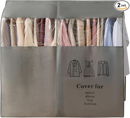 Non woven clothing cover with transparent window, suitable for hanging clothing storage protectors for dresses, tops, and outerwear (Grey, 24inch*2Pack)